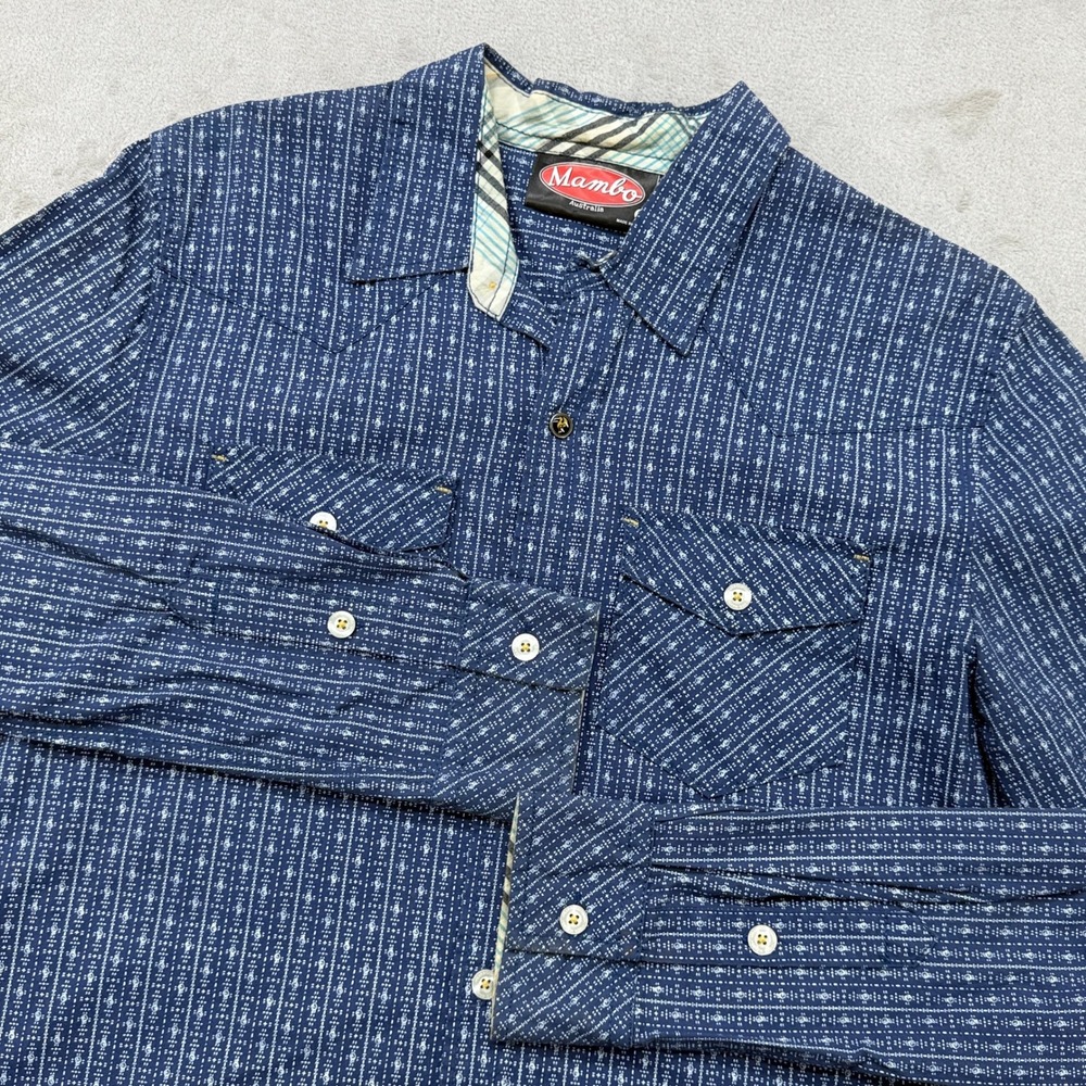Mambo Button Down Shirt Mens Small Blue Geometric Print Long Sleeve Western
